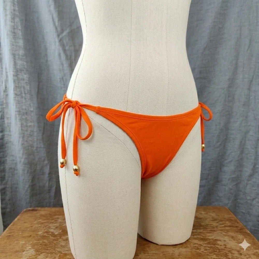 Koraru‎ Womens Bikini Bottoms Small Orange Side Tie Gold Hardware Eco Friendly
